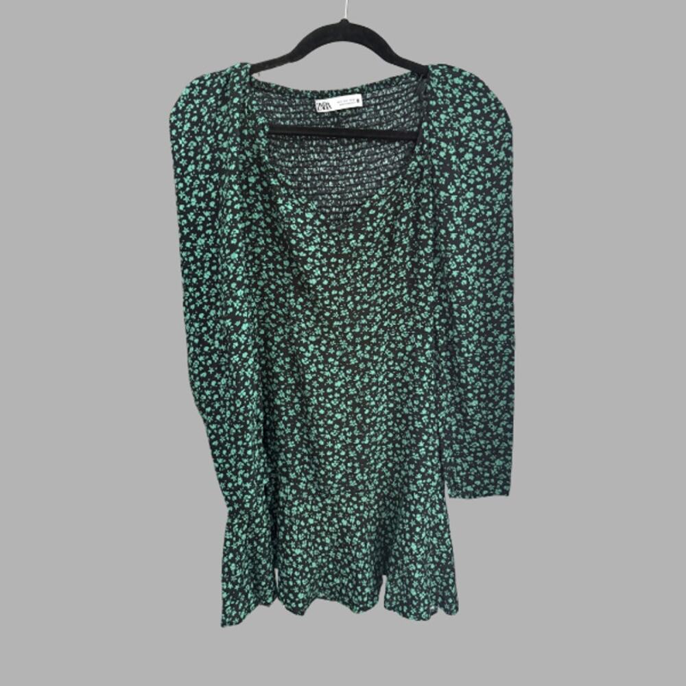 Zara Black Green Floral Smocked Mini Dress Small Square Neck Long Sleeve